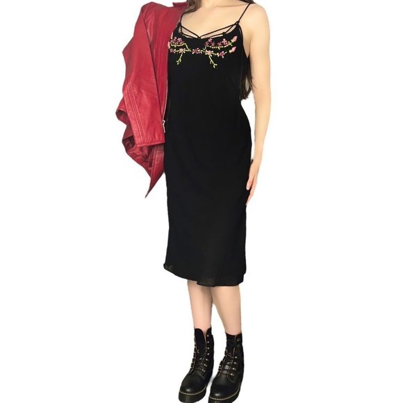 Vintage Dresses & Skirts - VINTAGE 90s Y2K Black Slip Dress Rosettes SCARLETT Size 7/8
